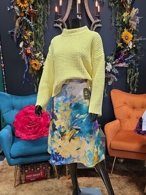 H&M Abstract Midi Skirt in Yellow and Blue